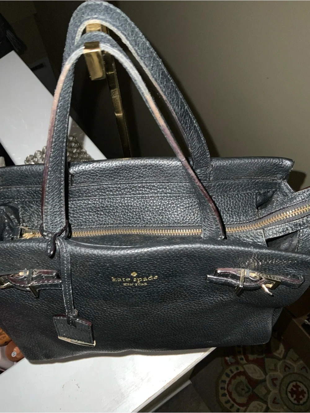 kate spade Black Pebbled Leather Satchel with Gold Hardware